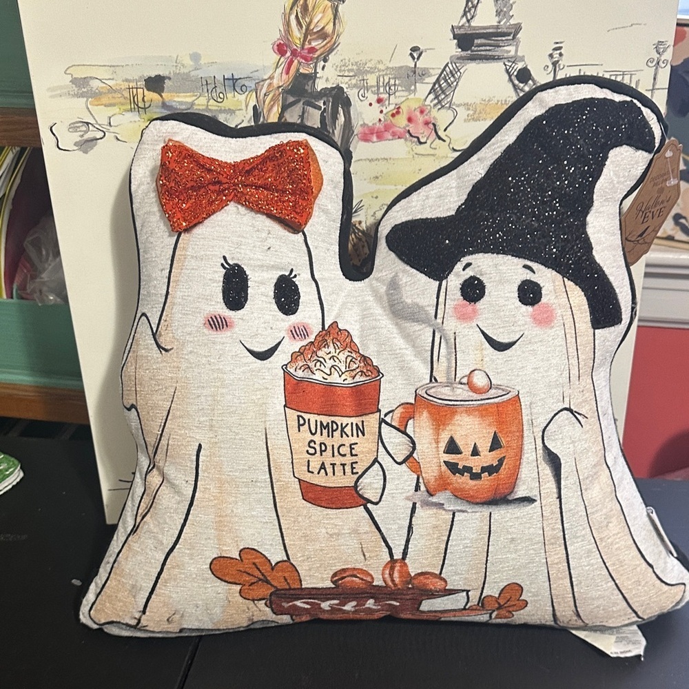 Festive Orange Pumpkin Spice Ghost Pillow by